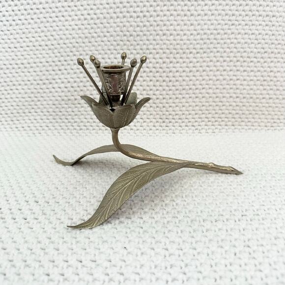 Vintage Unmarked Pewter Hollywood Regency MCM Lotus Flower Candle Holder Ornate - Picture 1 of 6